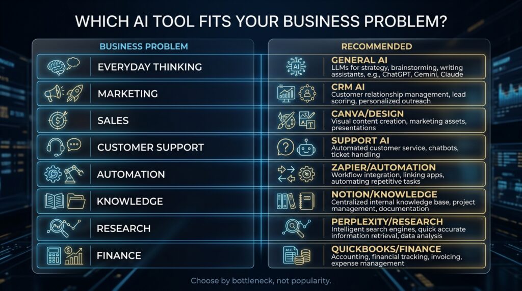 Decision matrix matching small-business problems with general AI, CRM AI, design, automation, research, knowledge, finance and support tools.