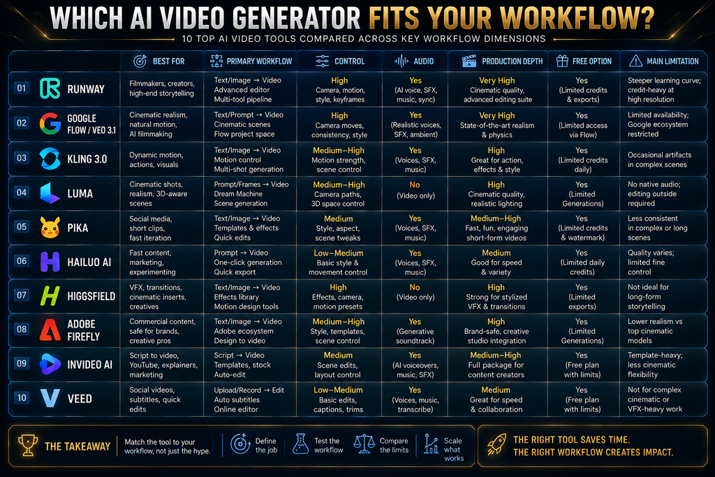 Comparison of ten AI video generators by primary workflow and best use case