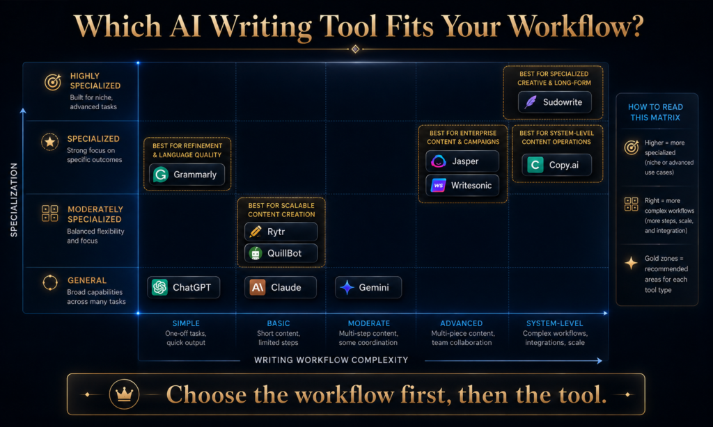 Decision matrix matching general writers, analysts, marketers, editors, SEO teams, budget writers and fiction writers with the right AI writing tool category.
