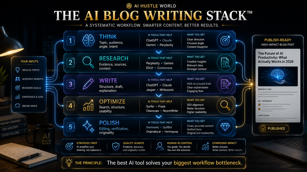 AI Blog Writing Stack showing think research write optimize and polish