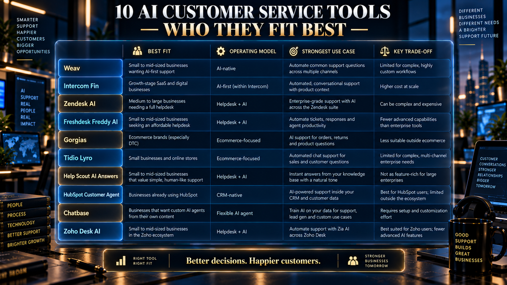 Comparison matrix of the 10 best AI customer service tools by business type, automation model and support use case.