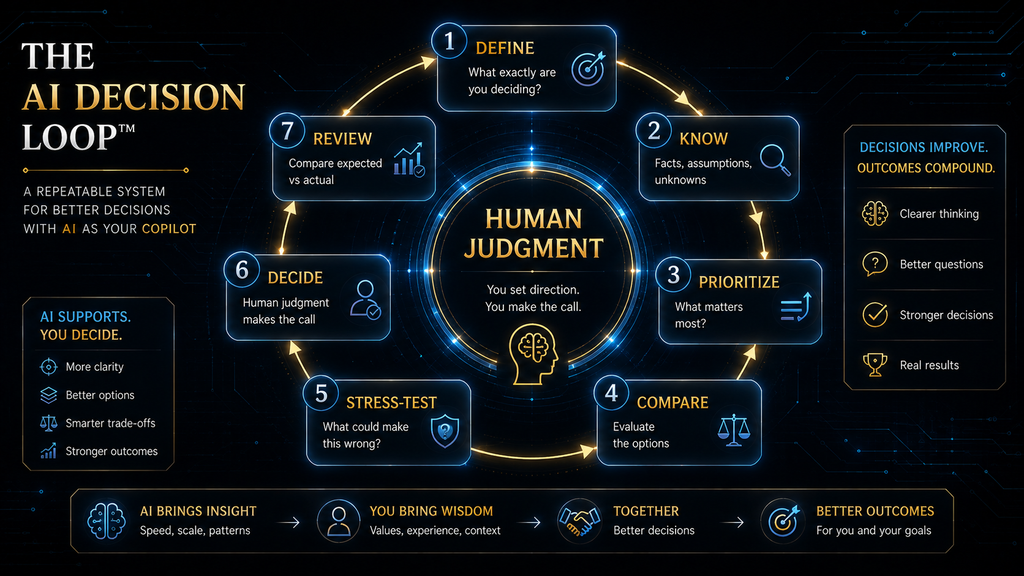 AI Decision Loop showing define know prioritize compare stress-test decide and review