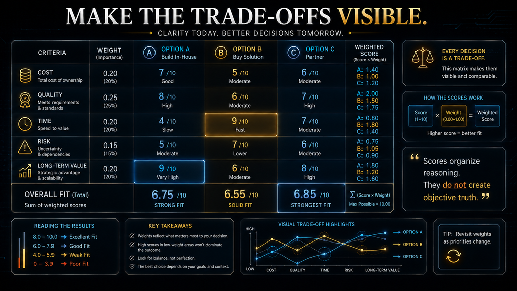 Weighted AI decision matrix comparing options by cost quality time and risk