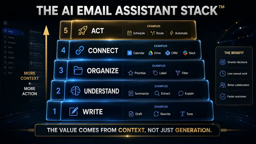 AI Email Assistant Stack showing write understand organize connect and act