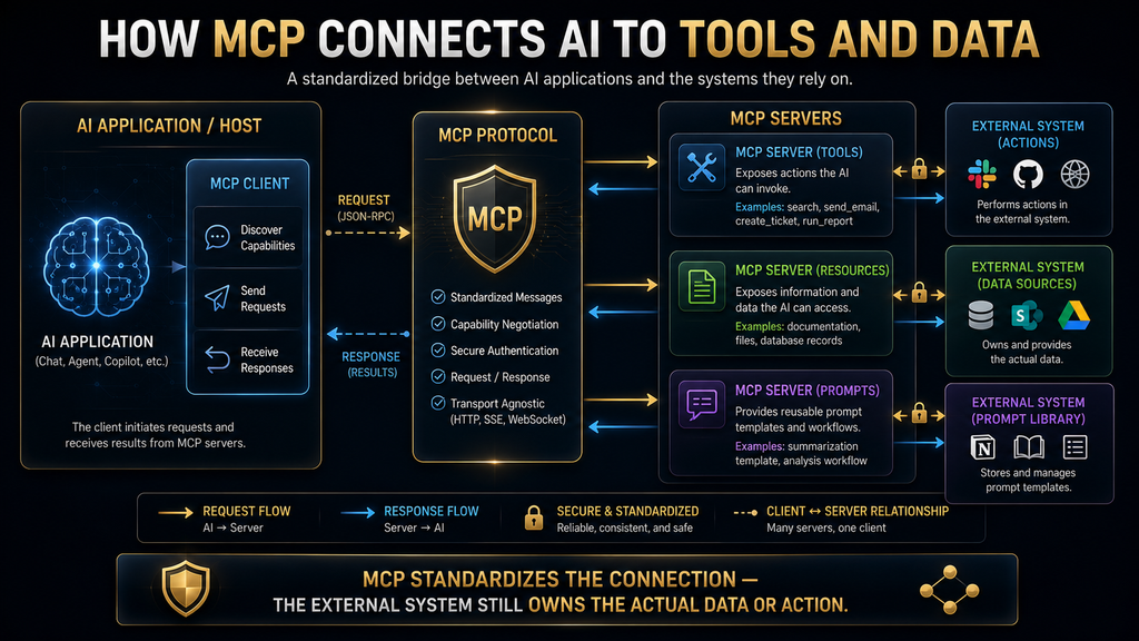 MCP connection model showing AI host client protocol server and external systems