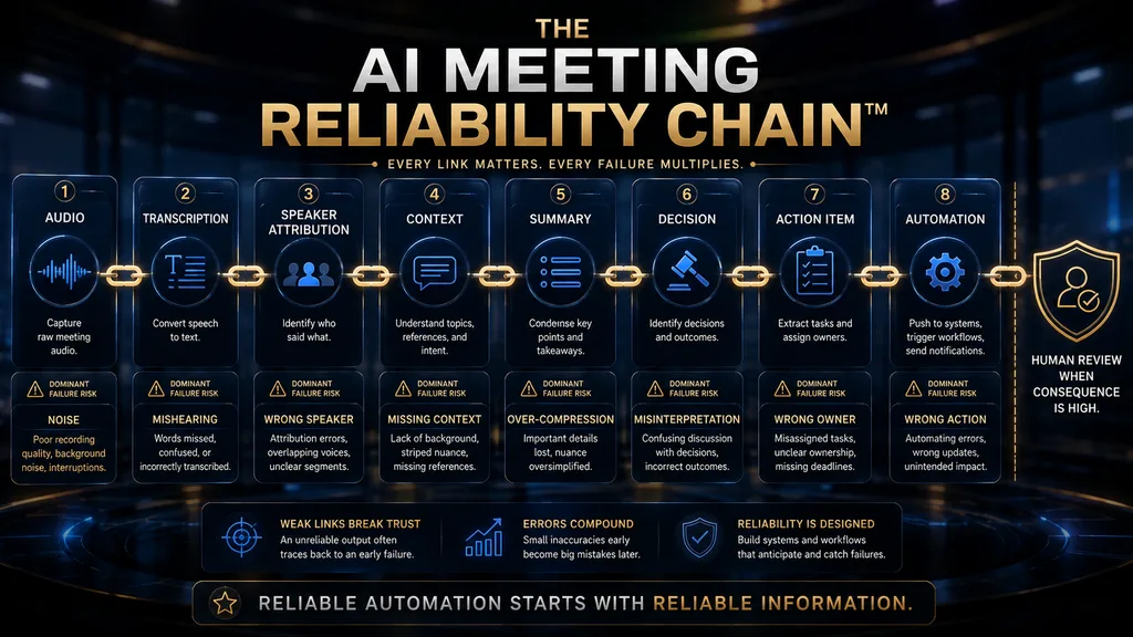 AI Meeting Reliability Chain showing audio transcription speaker attribution context summary decisions action items and automation