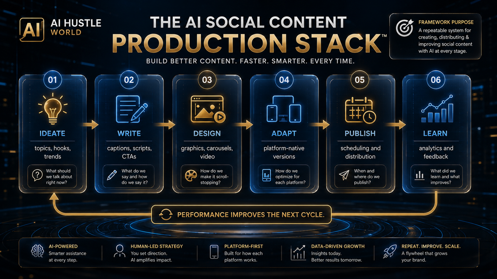 AI Social Content Production Stack showing ideate write design adapt publish and learn