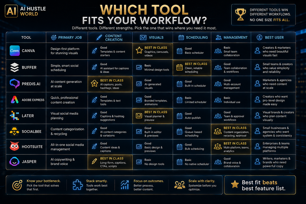 AI social media tools compared by workflow, creation, scheduling, and management
