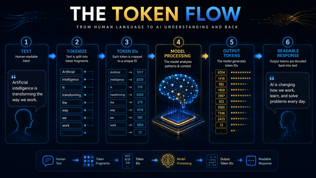 AI token flow from human text through tokenization and model processing to a response