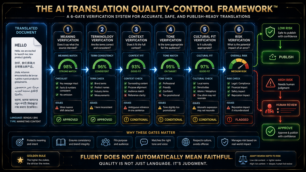 AI translation quality control framework showing meaning terminology context tone culture and risk