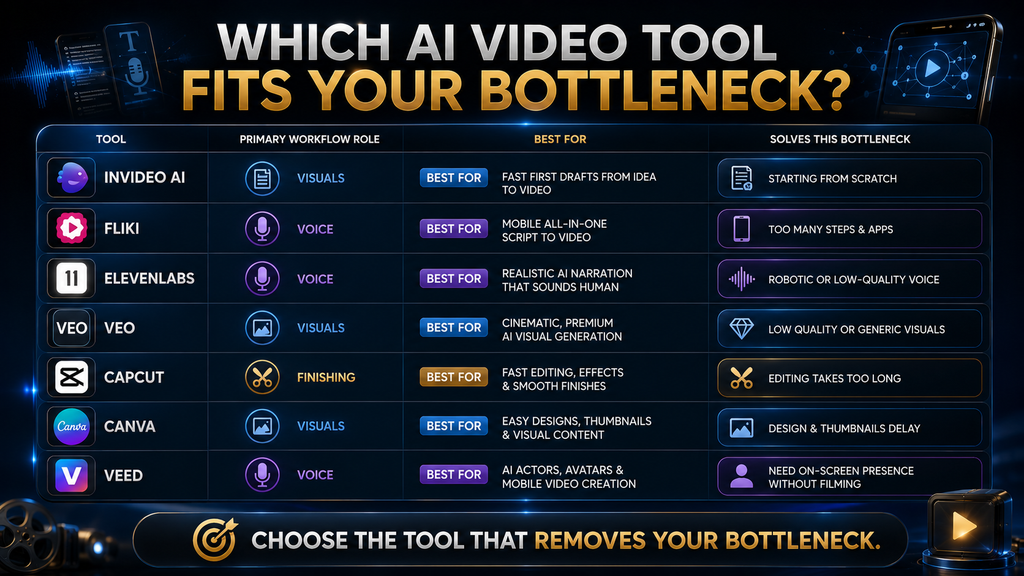 AI video tool decision matrix comparing InVideo Fliki ElevenLabs Veo CapCut Canva and VEED