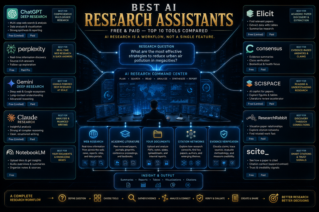 Best AI research assistants compared across web research academic literature source analysis and verification
