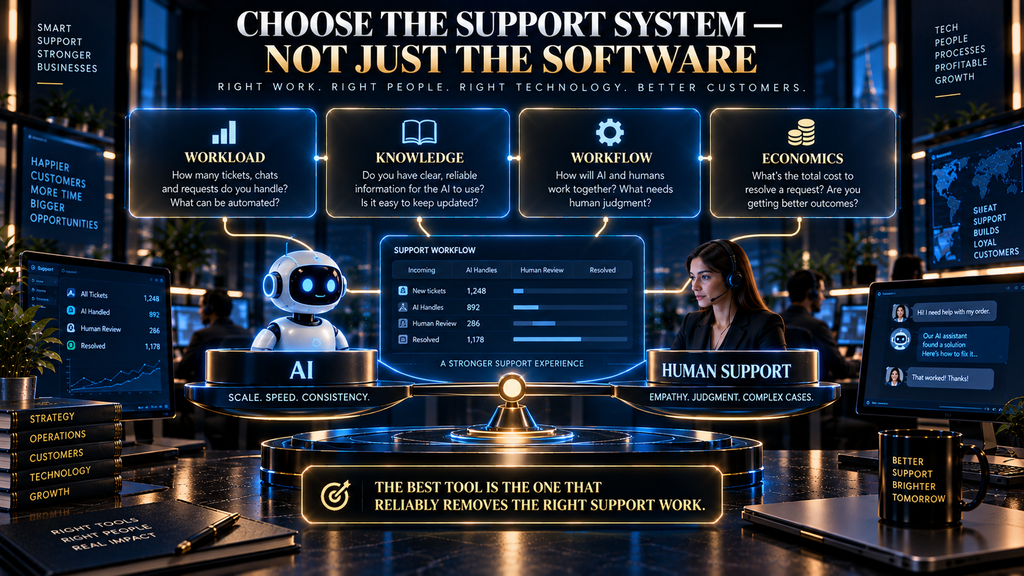 Final AI customer service buying decision showing workload, platform fit, AI resolution and human support working together.