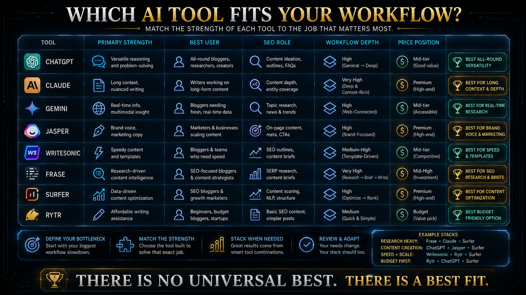 AI writing tools compared by blogging workflow and use case