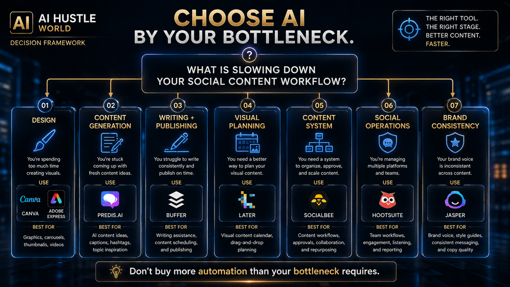 Decision framework for choosing an AI social media tool by workflow bottleneck