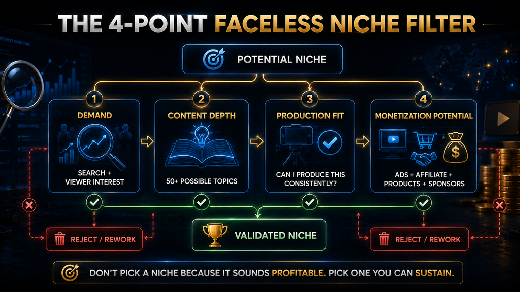 Four-point framework for evaluating faceless YouTube channel niches