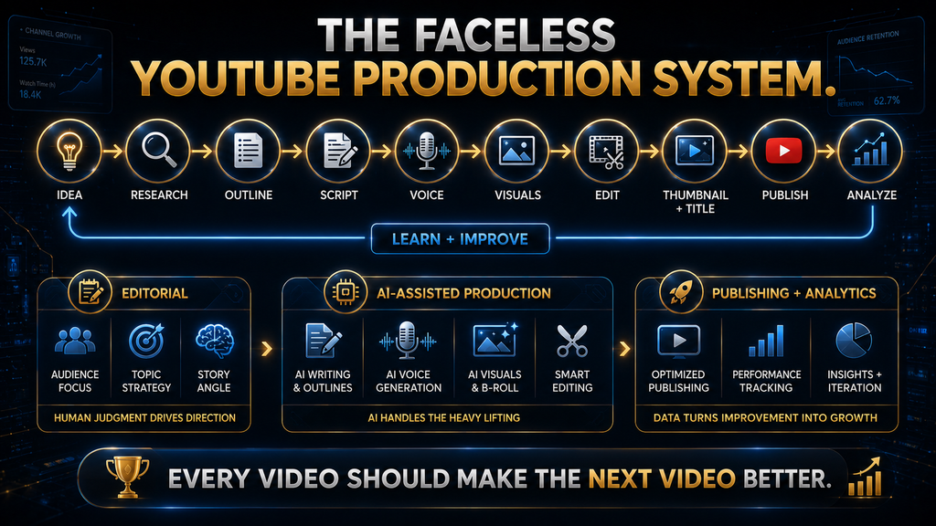 Complete faceless YouTube production workflow from idea to publishing and analytics