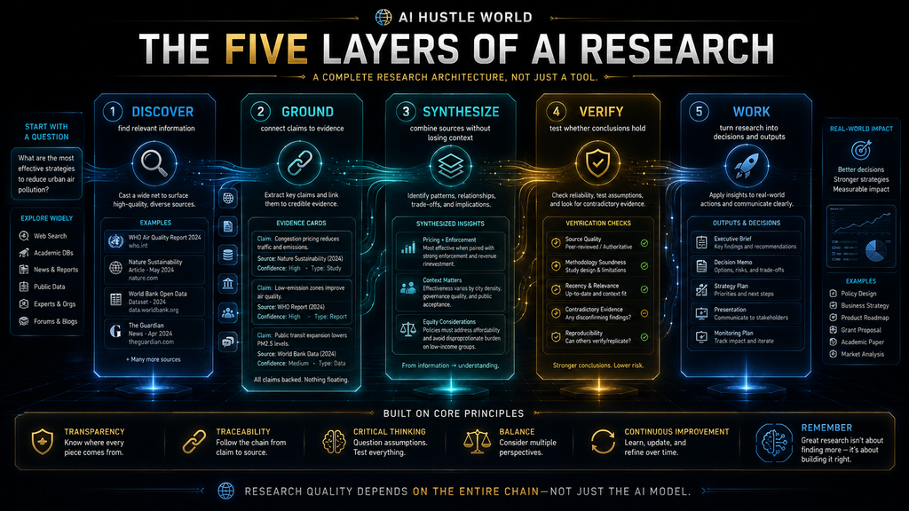 Five layers of AI research showing discover ground synthesize verify and work