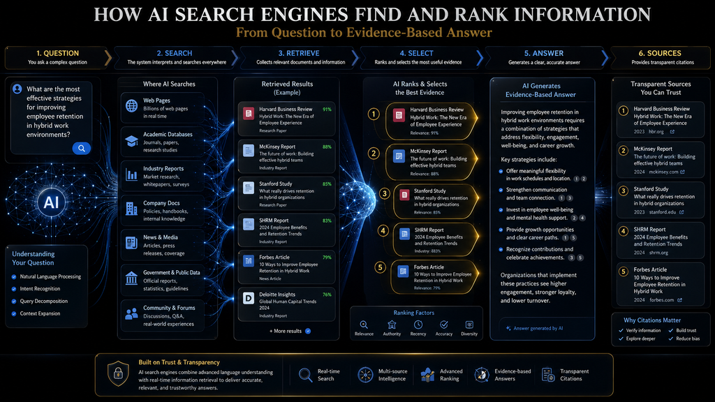 AI search engines find ing retrieving ranking and synthesizing information from multiple sources