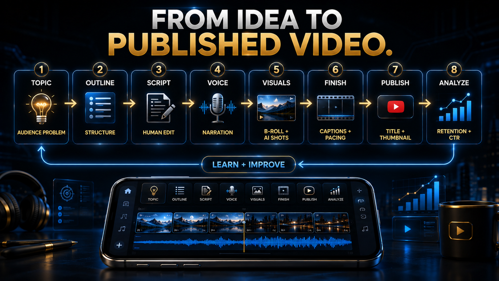 Phone-only faceless YouTube workflow from topic and script through voice visuals editing publishing and analytics