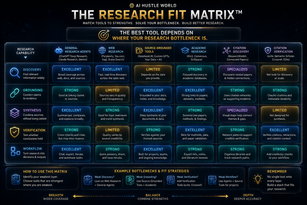 Research Fit Matrix comparing discovery grounding synthesis verification and workflow across AI research tools