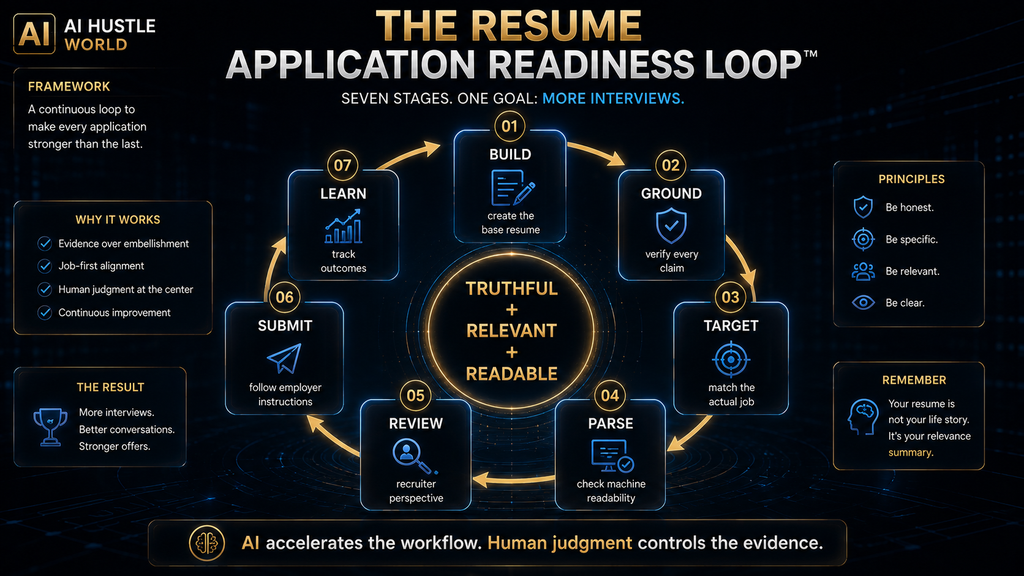 Resume Application Readiness Loop showing build ground target parse review submit and learn