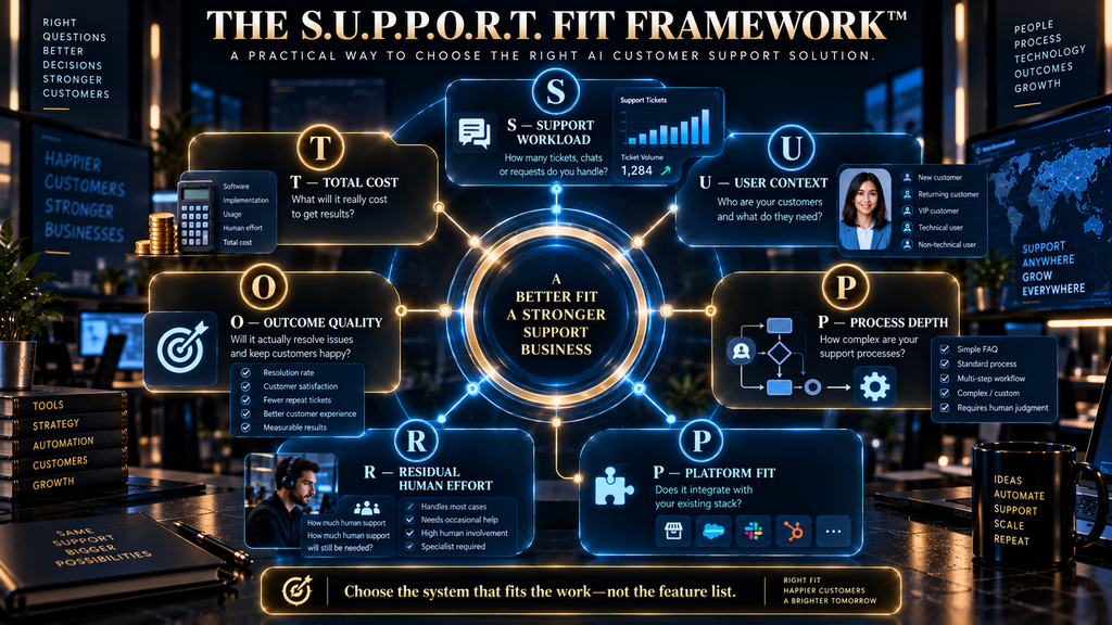 AI Hustle World S.U.P.P.O.R.T. Fit Framework for choosing an AI customer service platform.