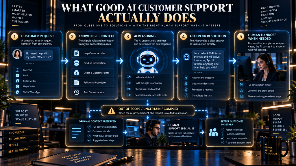 AI customer support workflow showing knowledge retrieval, customer context, automated action, resolution and human escalation.