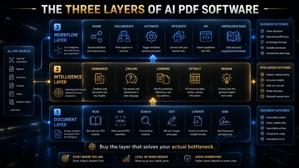 Three layers of AI PDF software document intelligence and workflow automation