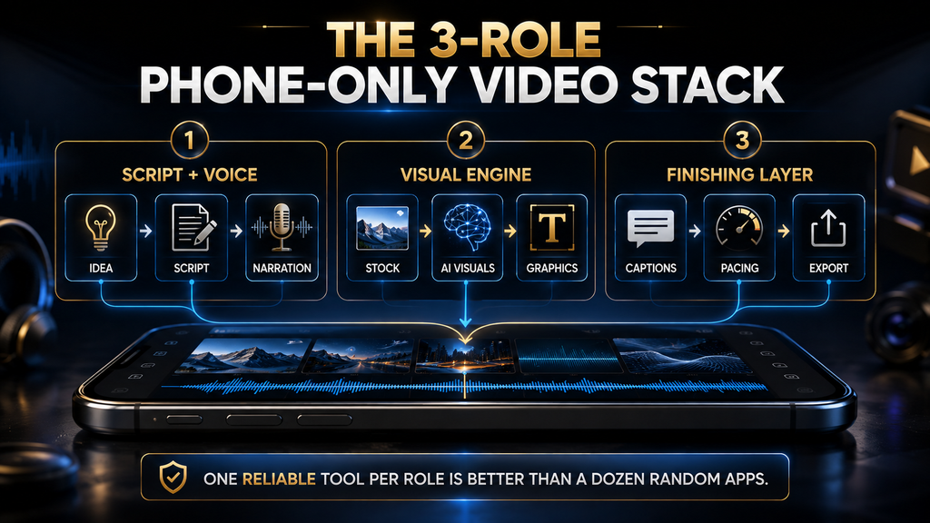 Three-role framework for phone-only faceless YouTube production showing voice visuals and finishing