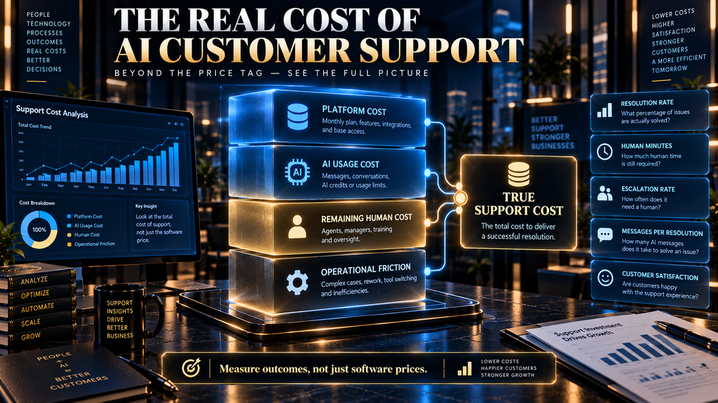 AI customer support total cost model showing platform cost, AI usage, remaining human effort and operational friction.