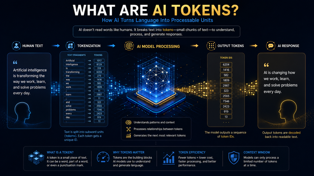What are AI tokens showing text converted into tokens and processed by an AI model