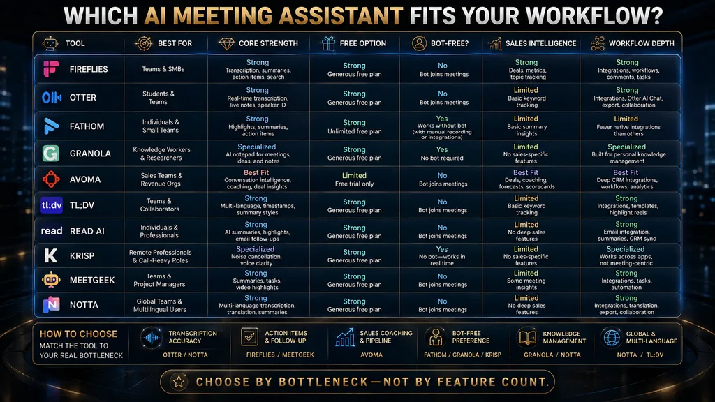Comparison of AI meeting assistants by individual team sales bot-free audio and communication intelligence use case