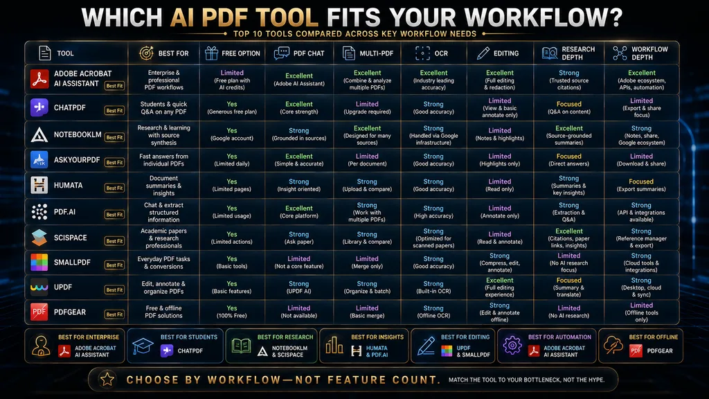AI PDF tool comparison by best use case chat research editing OCR multi-PDF and workflow depth