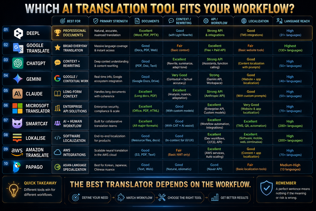 AI translation tool comparison showing the best use case for ten translation platforms