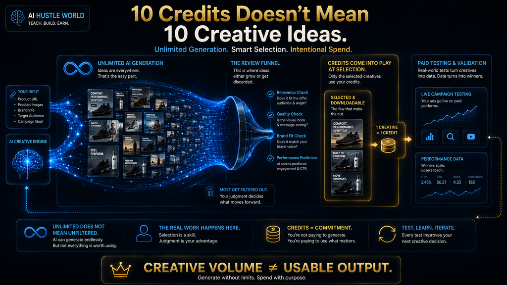 Visual explanation of how AdCreative.ai credits differ from unlimited creative generation.