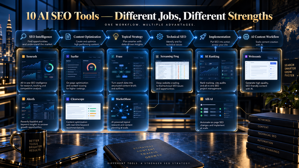Comparison of ten AI SEO tools by their strongest SEO use case and workflow position.