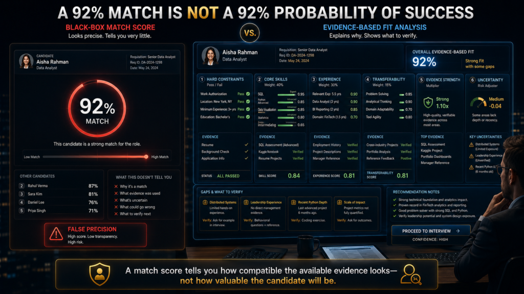 Comparison of AI match score versus evidence-based candidate job fit