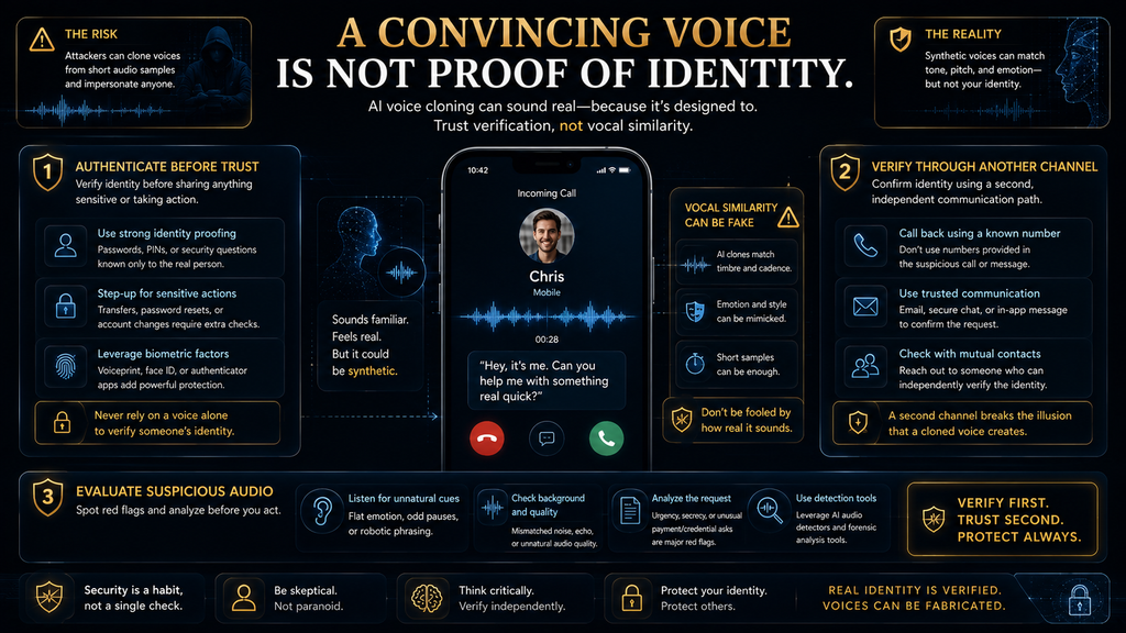 Security infographic showing why a familiar-sounding synthetic voice should not be treated as sufficient proof of identity.