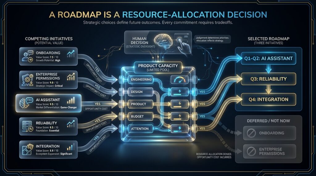 Product roadmap prioritization shown as a resource allocation decision where selecting one initiative creates opportunity costs for other initiatives.