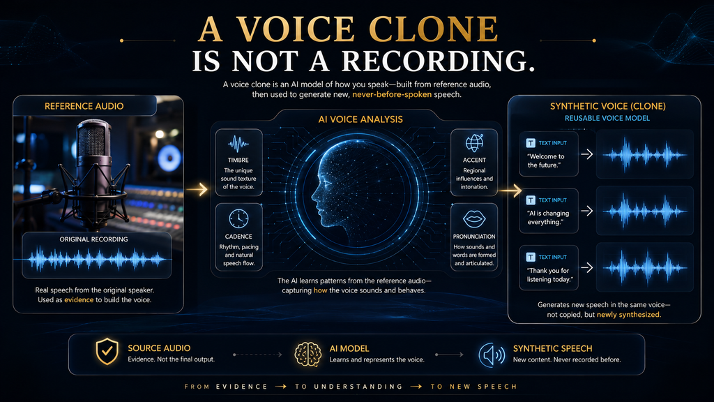 Diagram showing how ElevenLabs uses reference speech characteristics to generate new speech rather than simply replaying a recording.