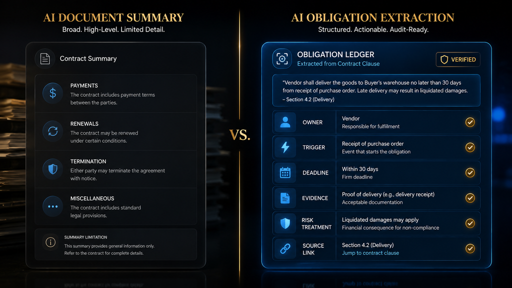 Side-by-side comparison of a contract summary and a source-linked obligation ledger.  