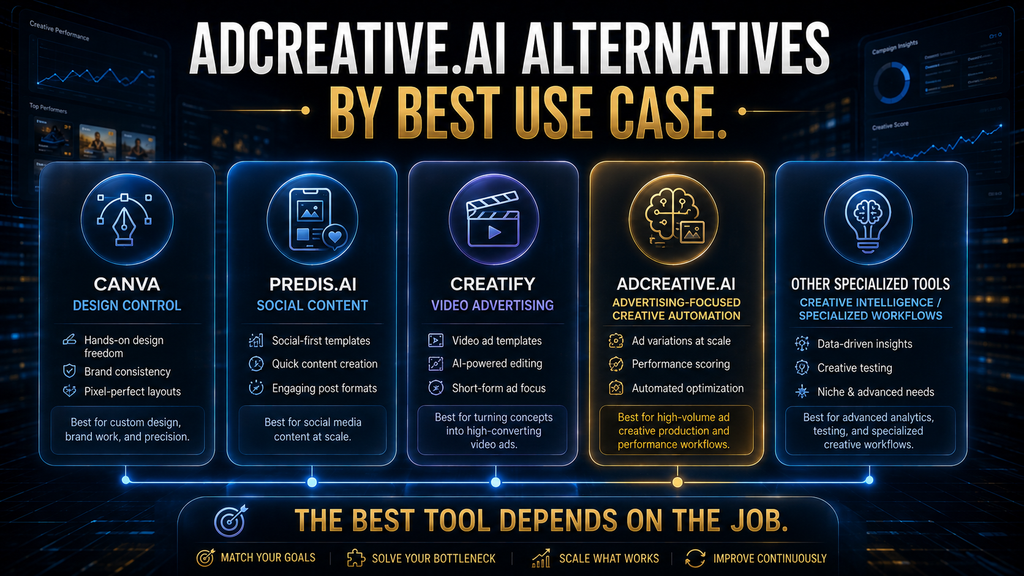Comparison of AdCreative.ai and alternative platforms by design, social content, video, creative automation and specialized workflows.