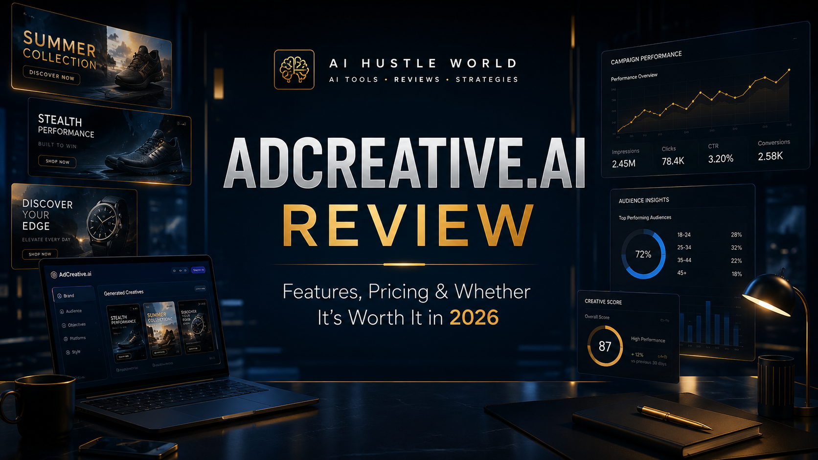 AdCreative.ai review title graphic for features, pricing, and value in 2026.