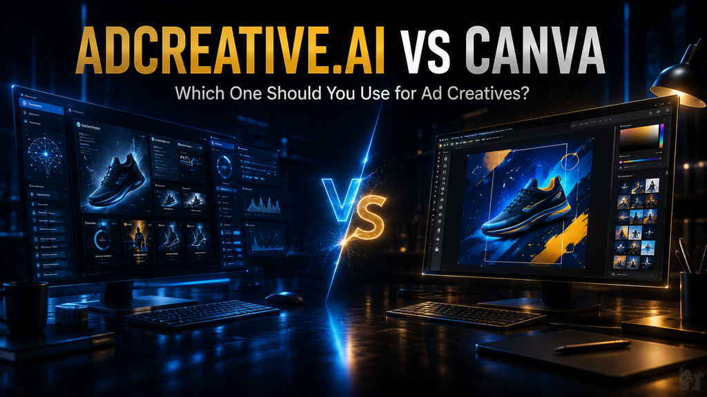 AdCreative.ai vs Canva hero graphic showing two approaches to ad creative production.