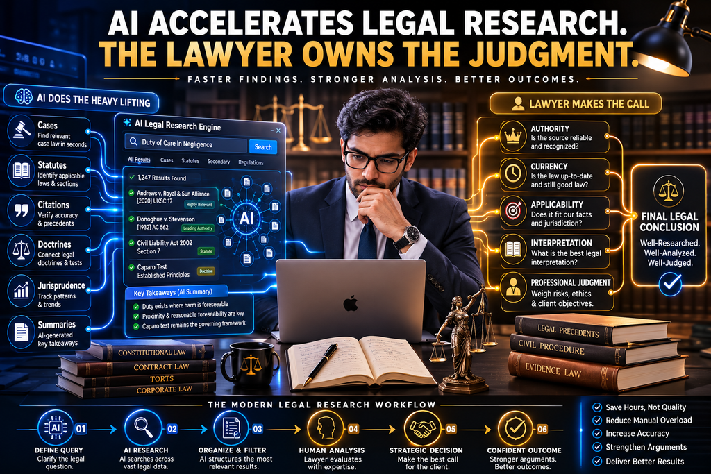 Lawyer using AI to accelerate legal research while retaining responsibility for legal judgment. AI Legal Research