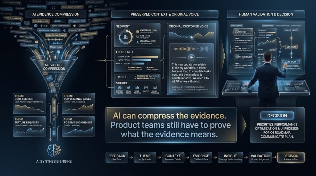 Final takeaway showing AI compressing customer feedback while humans validate product meaning and decisions