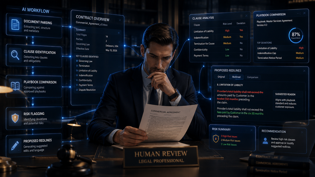 AI contract review workflow showing document analysis, clause detection, risk flags and redline suggestions with human legal review at the center.