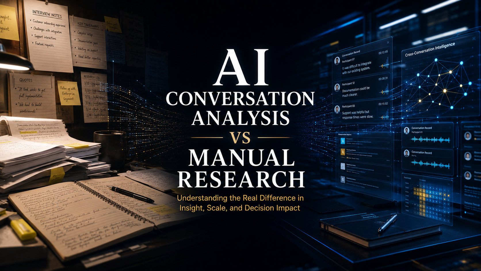 AI conversation analysis compared conceptually with manual qualitative research in a premium research environment.