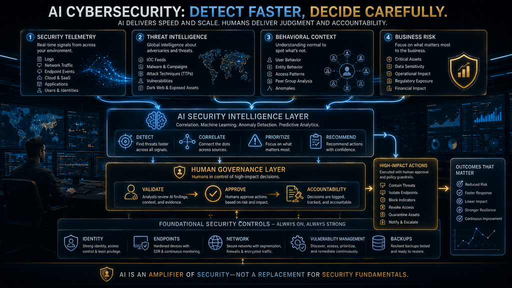 AI cybersecurity operating model combining security telemetry, AI analysis, human validation and foundational security controls